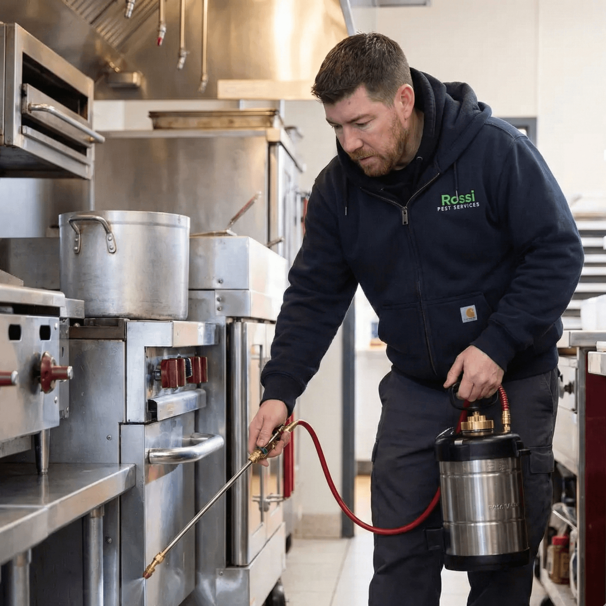 Jack Rossi of Rossi Pest Services treating a commercial kitchen