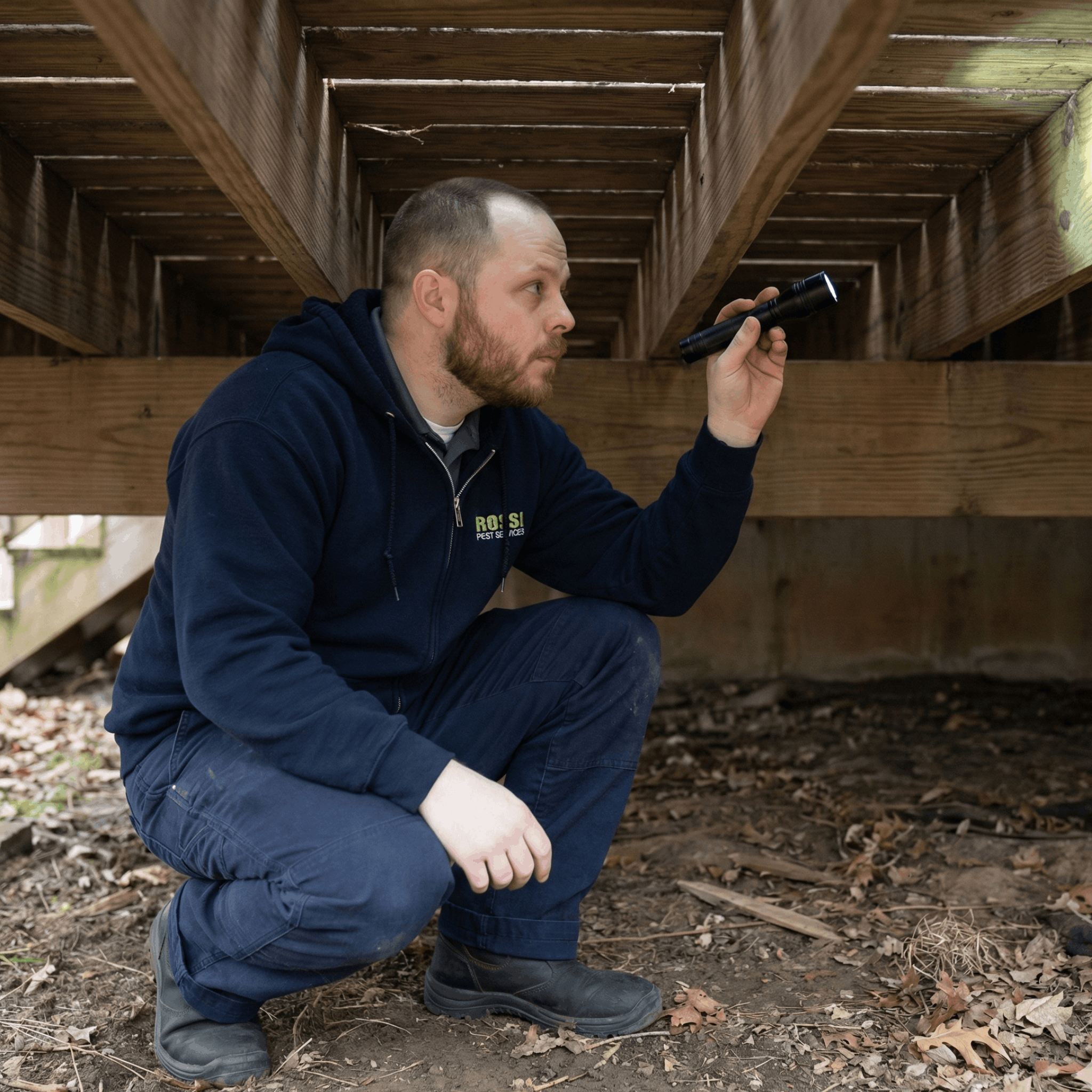Justin Keys of Rossi Pest Services examining home for termites